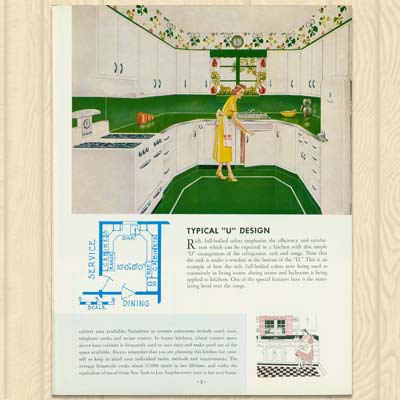 page from a post war vintage magazine showing the u design for a kitchen