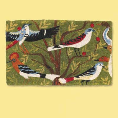 colorful natural fiber doormat with bird and tree pattern; welcome mat