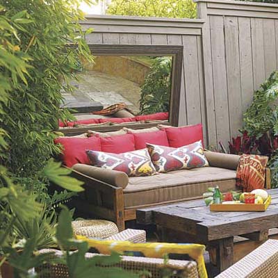 outside patio furniture with wall mirror