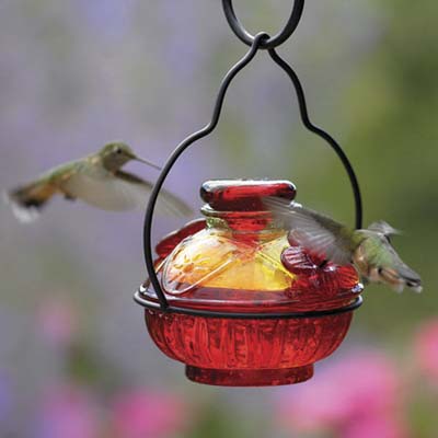 two hummingbirds at a hand-crafted glass feeder