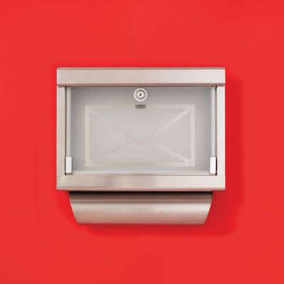 a stainless steel wall-mount mailbox with a frosted glass front decorated with an envelope icon