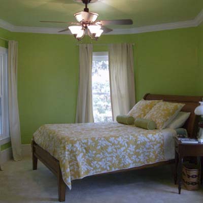 bedroom with green walls and ceiling fan