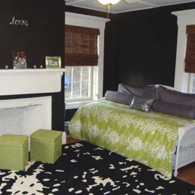 updated bedroom with black walls and white trim