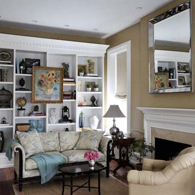 living room with built in bookcases