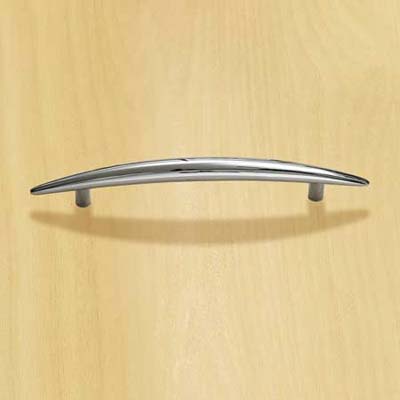 zinc bar pull with a chrome finish and a curved and tapered design for cabinets and drawers