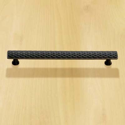 solid brass bar pull with a dark bronze finish and a basketweave design for cabinets and drawers