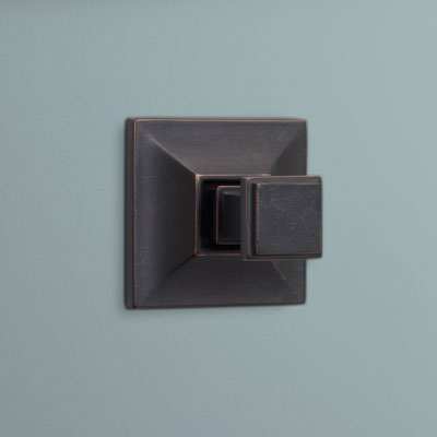 a square-shaped brass hook from Restoration Hardware with an oil-rubbed bronze finish