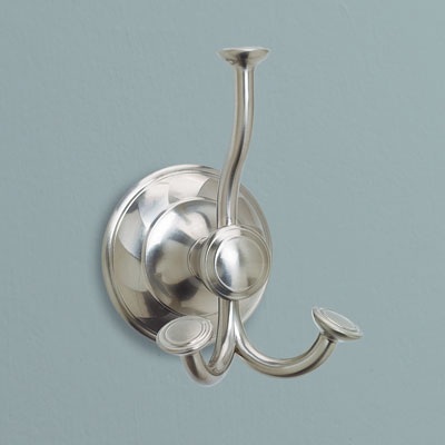 a two-pronged zinc robe hook from Delta with an satin nickel finish