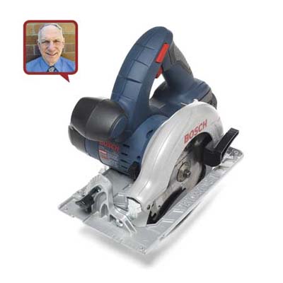 a circular saw made by Bosch with reviewer head shot inset
