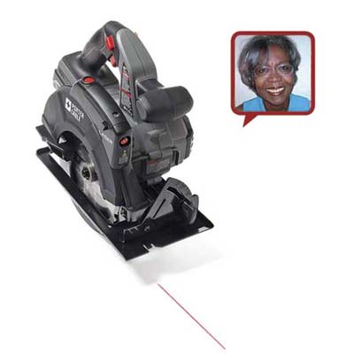 a circular saw made by Porter-Cable with reviewer head shot inset