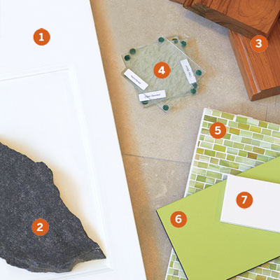 collection of color and material samples used in the auburndale kitchen remodel 