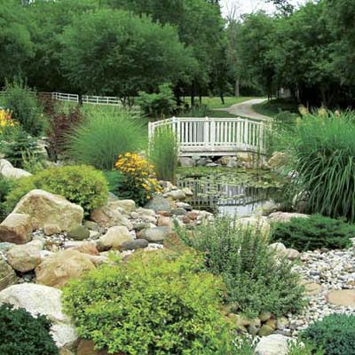 view of bridge water and plants in reader's finished pond garden