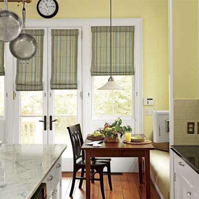 banquette and island in renovated Victorian kitchen