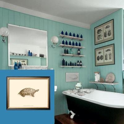 a turn-of-the-century vintage-style bath with a framed naturalist illustration inset