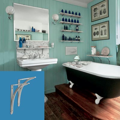 a turn-of-the-century vintage-style bath with shelving brackets inset