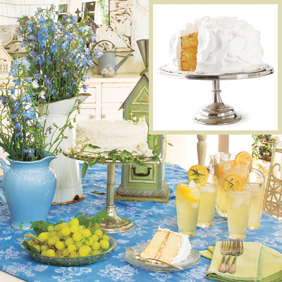 Outdoor patio dining room table with cake stand