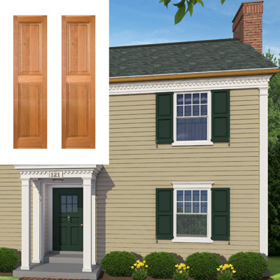 Raised-panel shutters surround the windows on this colonial home