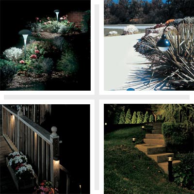 clockwise from top left: landscape lit up at night, outdoor lighting in daytime, walkway stairs lit up at night and lights along a deck's railing