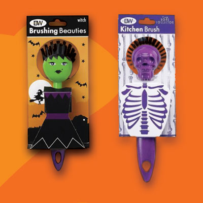 a witch and a skull kitchen brush for Halloween