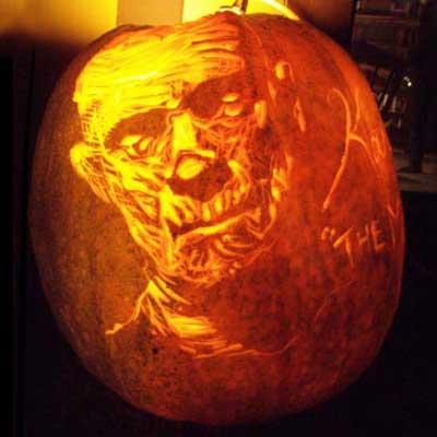 Boris Karloff as 'the Mummy' carved into a pumpkin