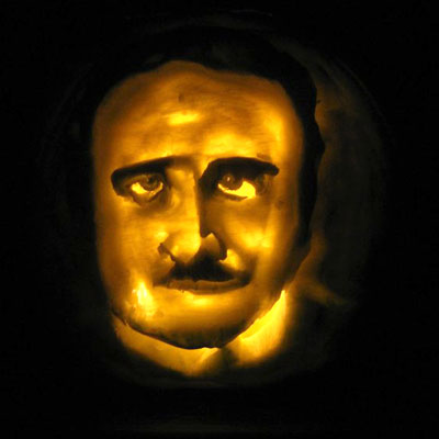 Edgar Allen Poe carved into a pumpkin