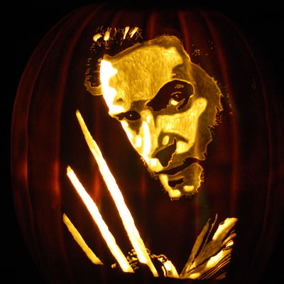 Hugh Jackman as Wolverine carved into a pumpkin