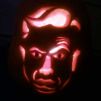 Stephen Colbert carved into a pumpkin