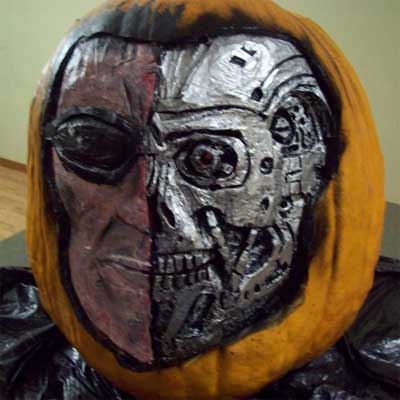 the Terminator carved into a pumpkin