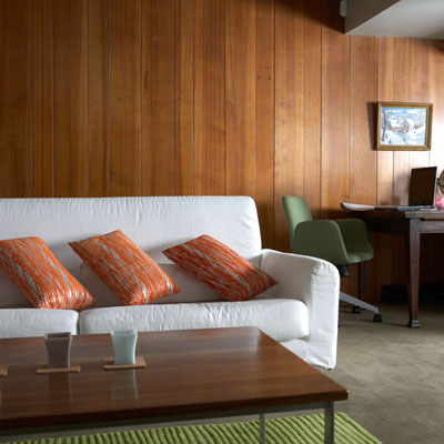 basement with wood paneled walls
