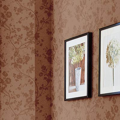 living room with damask walls