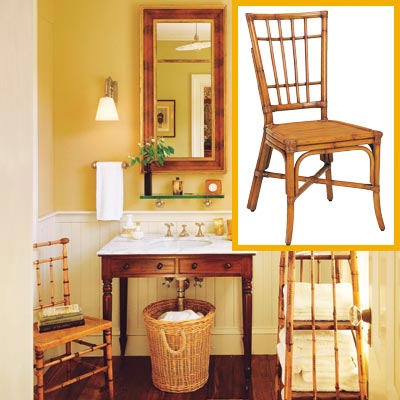 a half-bath furnished with Colonial details, cane chair inset