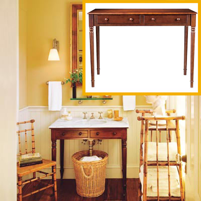 a half-bath furnished with Colonial details, wood vanity table inset