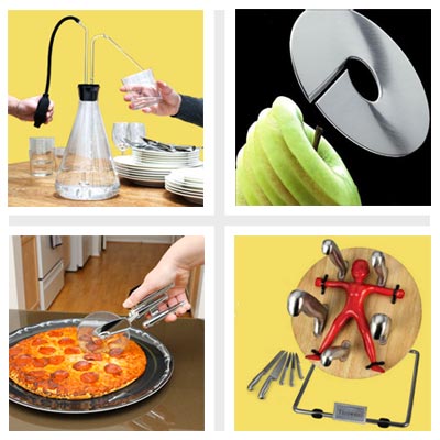 clockwise from top left: knife rack, apple slicer, toaster and egg cracker