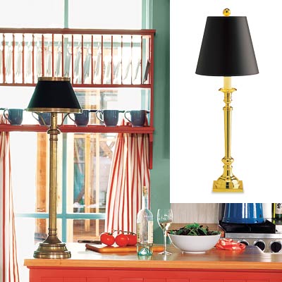 colorful cottage kitchen with buffet lamp