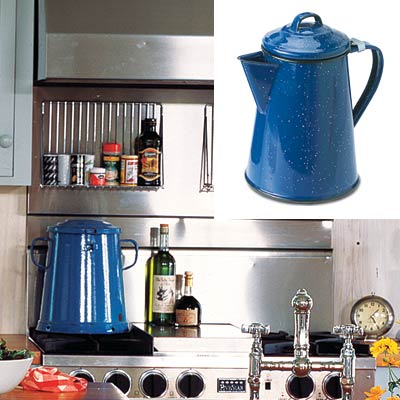 colorful cottage kitchen with enamelware coffee pot