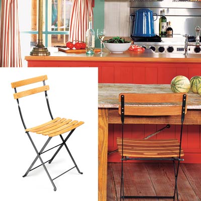 colorful cottage kitchen with bistro folding chairs