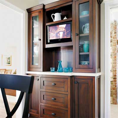 custom built oak and white-quartz hutch in this sunny kitchen remodel