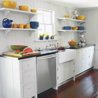 Shelving units in remodeled kitchen