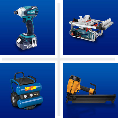 (clockwise from left) an impact driver, a table saw, a framing nailer and air compressor