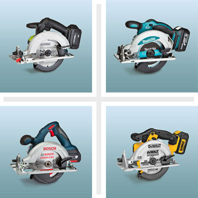 clockwise from top left: Rockwell, Makita, DeWalt and Bosch circular saws