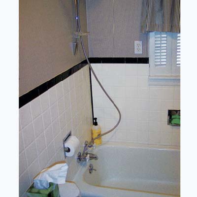 shower with an electrical outlet, window, and toilet paper holder