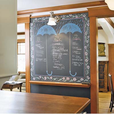 4x7 inches blackboard is placed on a wall between the kitchen and the dining room in the remodeled houseboat