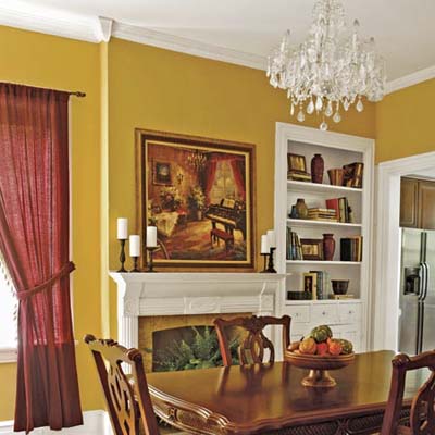 dining room with salvaged mantel and chandelier