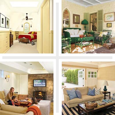 Attic with White Cabinets, Porch with Green Wicker Furniture, Basement with Fireplace and Flat Screen TV, Recreation Room with Black and White Striped Rug and Neutral Sofa and Walls