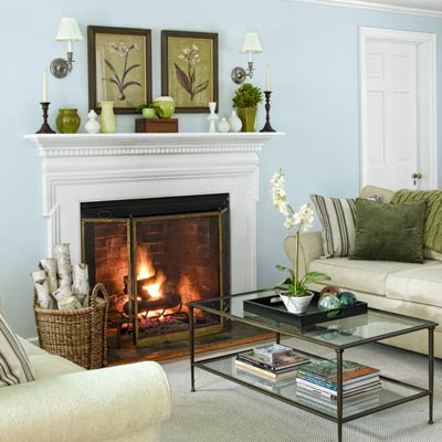 fireplace in living room of colonial revival home