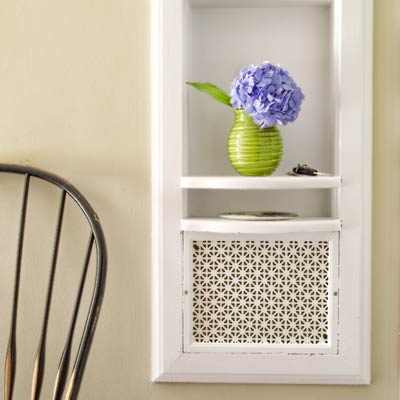 telephone nook with perforated panel in colonial revival home