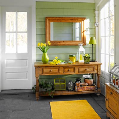 breezeway between kitchen and garage of colonial revival home