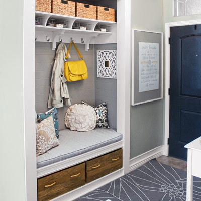 white living room with built-in bookcases