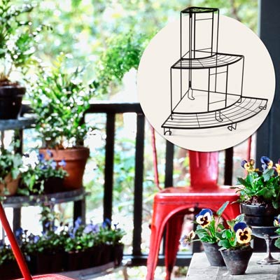 a porch with inset of 3-tiered plant stand