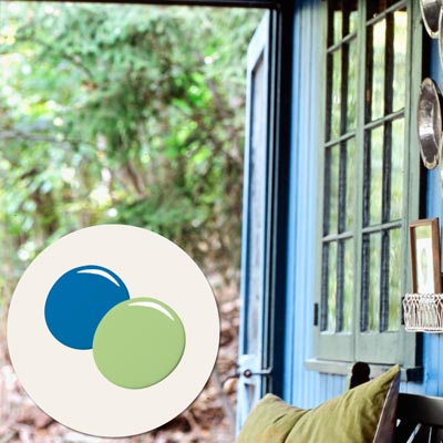 a porch with inset of green and blue paint daubs